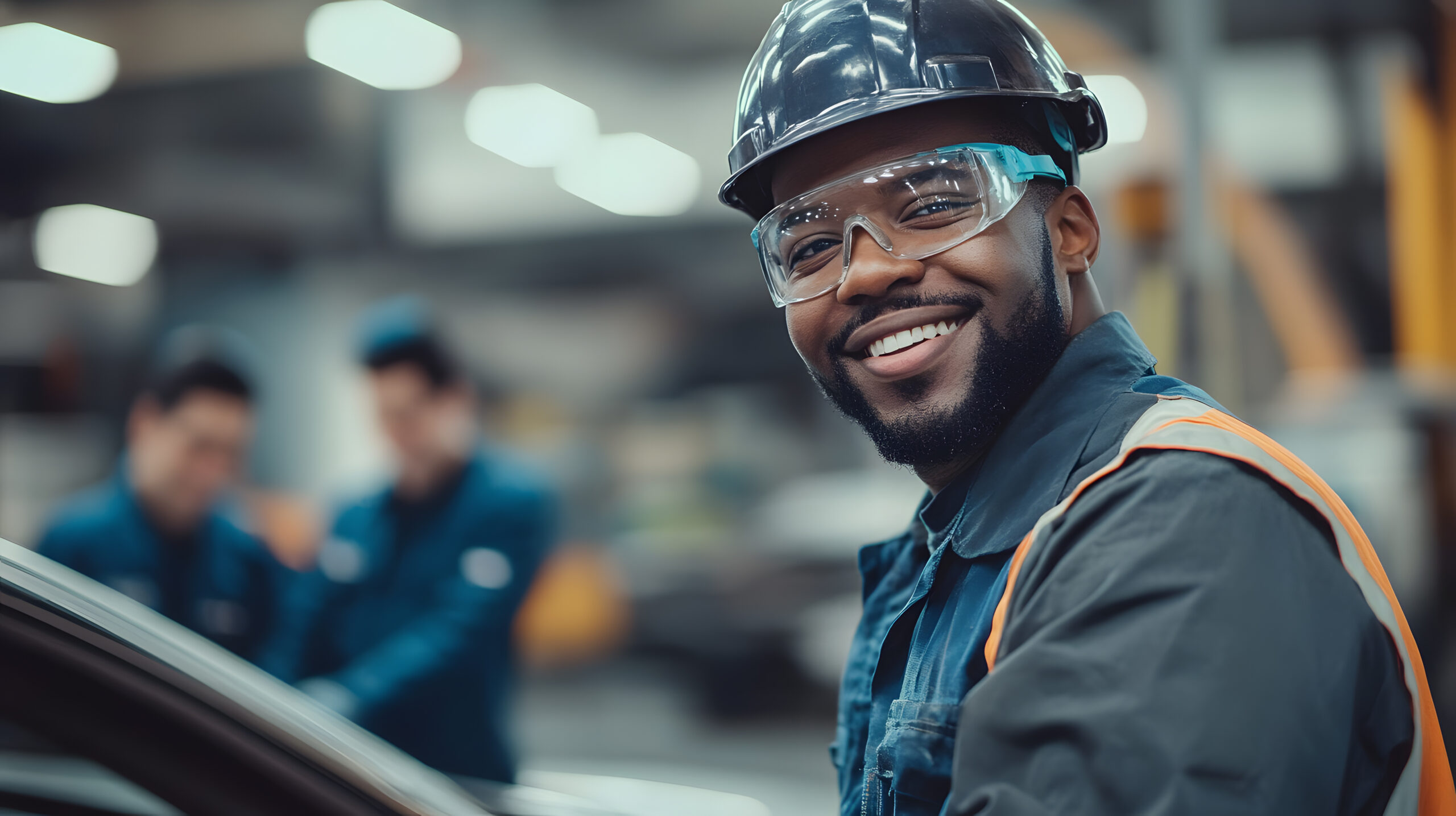 African American auto mechanic wearing a helmet, smiling as he inspects a car’s engine in the foreground, with a team of smiling engineers in the blurred background working in a mechanics garage.