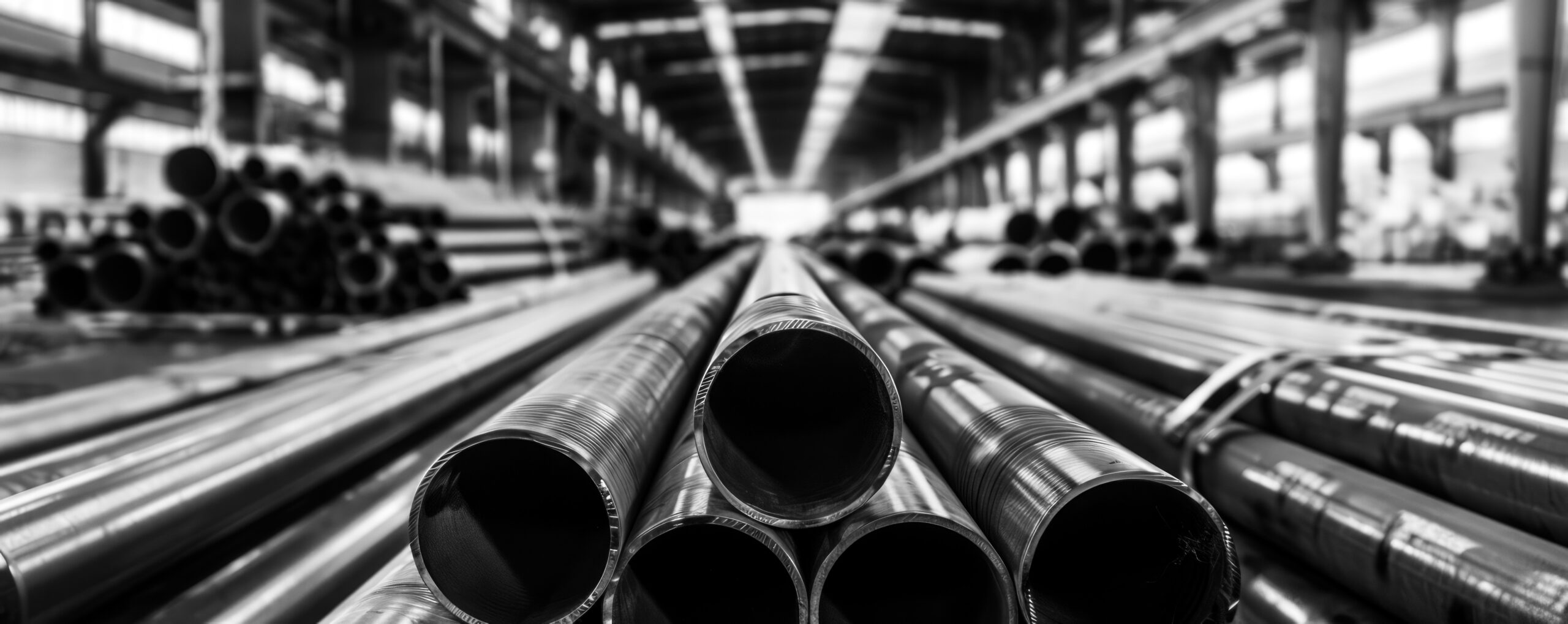 Steel Pipes Stacked in Industrial Warehouse.